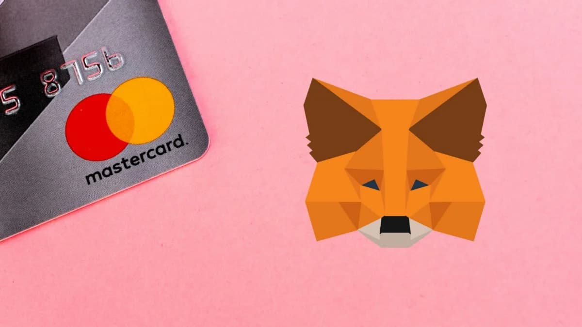 MetaMask fox graphic beside a Mastercard card detail
