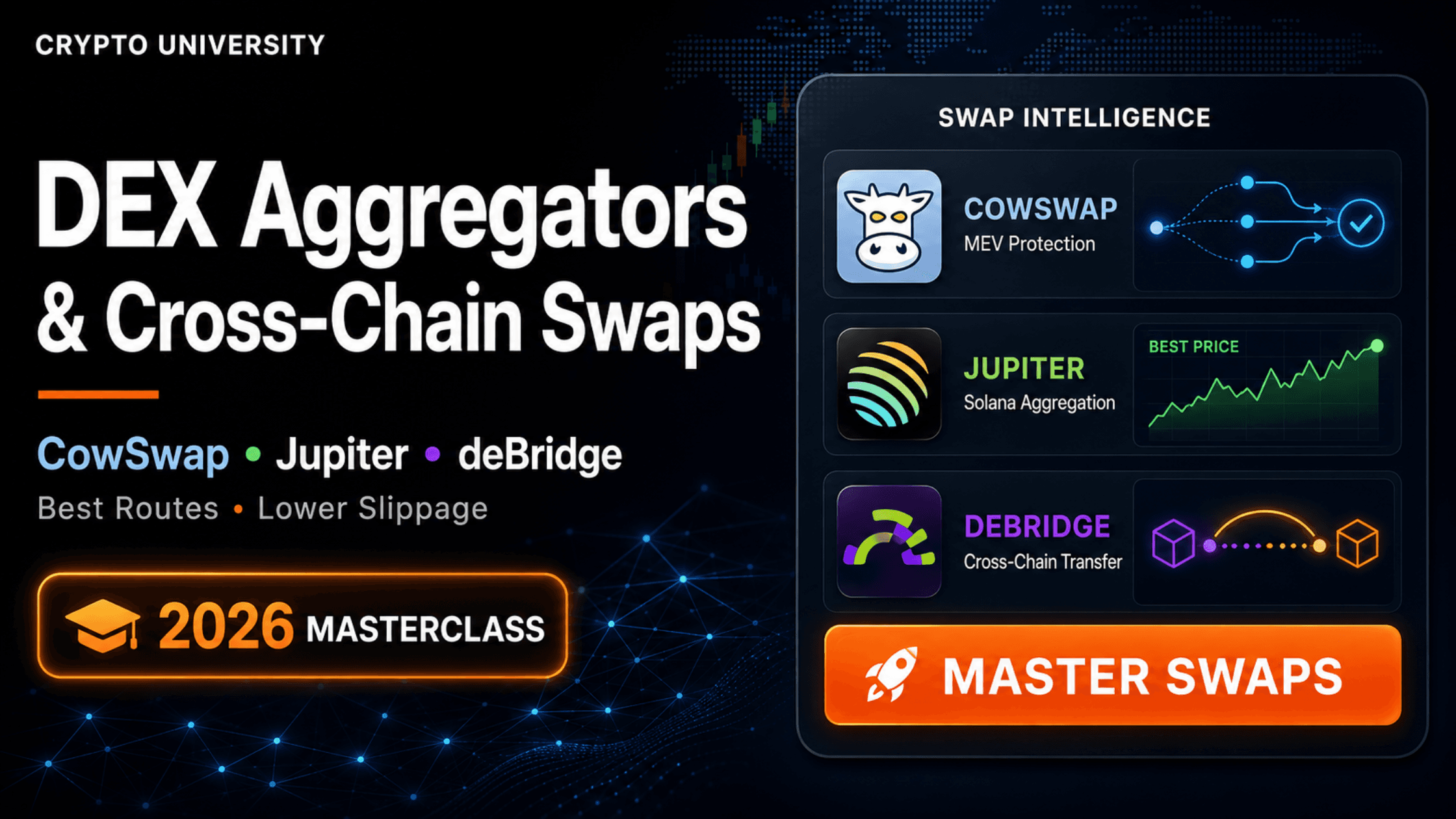DEX Aggregators & Cross-Chain Swaps 2026: CowSwap, Jupiter & deBridge Guide