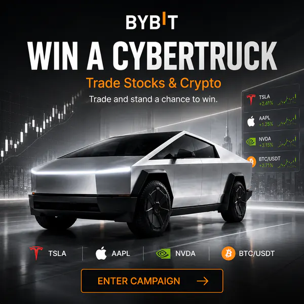 Bybit Cybertruck campaign: trade stocks and crypto for a chance to win.