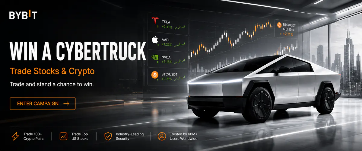 Bybit Cybertruck campaign: trade stocks and crypto for a chance to win.